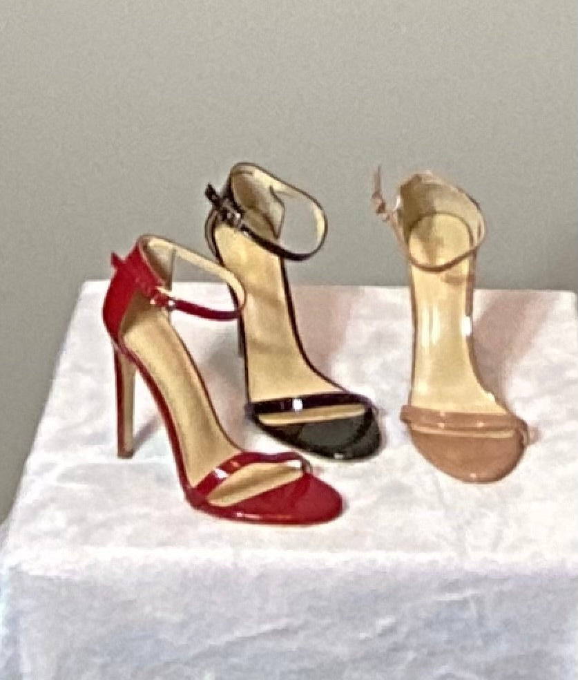 Open toe stilettos in black, red and beige