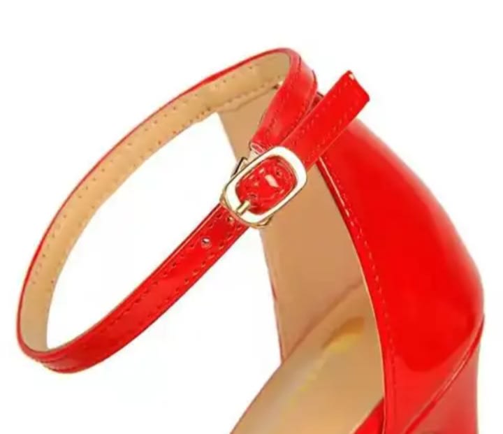 Open toe sandal, Strap ankle, thin heel, height increasing, Open toe stilettos in black, red and beige