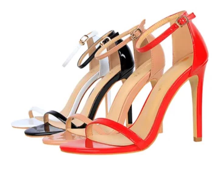 Open toe stilettos in black, red and beige